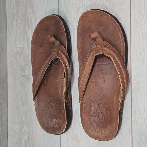 Olukai Men's Moko Brown Thong Leather Sandals Slide Shoes Sz 11 - Picture 2 of 11